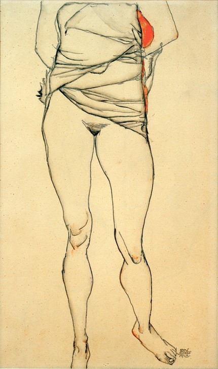 Egon Schiele, Weiblicher Torso mit hochgezogenem Hemd (Frau,Kunst,Torso,Akt,Expressionismus,Österreichische Kunst,Erotische Kunst,Halbakt,Schamhaar)
