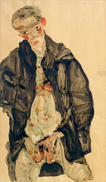 Egon Schiele, Selbstbildnis als Halbakt in schwarzer Jacke (Künstler,Kunst,Maler (Künstler),Mann,Zeichner,Selbstbildnis,Akt,Portrait,Expressionismus,Masturbation,Österreichische Kunst,Sexualität,Halbakt,Jacke,Person)