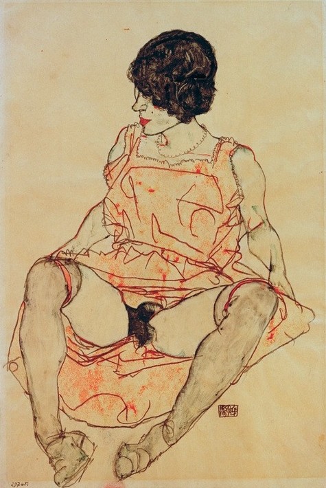 Egon Schiele, Sitzende Frau mit hochgeschobenem Kleid (Frau,Kunst,Pornographie,Akt,Expressionismus,Österreichische Kunst,Erotische Kunst,Schamhaar,Damenstrumpf,Sitzen)