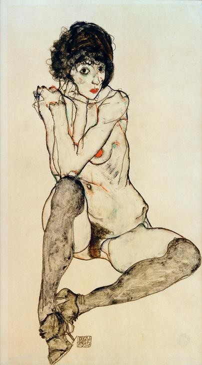 Egon Schiele, Sitzender weiblicher Akt mit aufgestützten Ellenbogen (Frau,Kunst,Pornographie,Akt,Expressionismus,Österreichische Kunst,Erotische Kunst,Schamhaar,Damenstrumpf,Sitzen,Blick Aus Dem Bild)