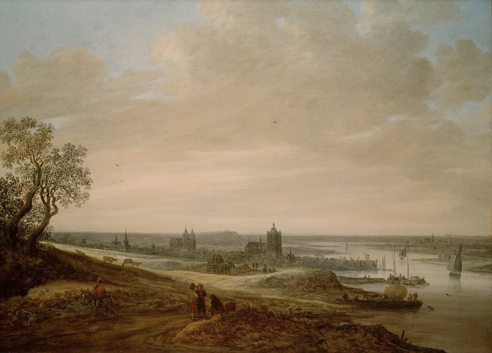 Jan van Goyen, Panorama-Landschaft mit Blick auf Arnheim (Boot,Kirche,Kunst,Landschaft,Segelschiff,Stadt,Strasse (Allgemein),Reiter,Barock,Fluss,Reise,Stadtansicht,Weg,Fussreise,Niederländische Kunst,Binnenschiffahrt,Flusschiffahrt,Strasse (Unbefestigt))