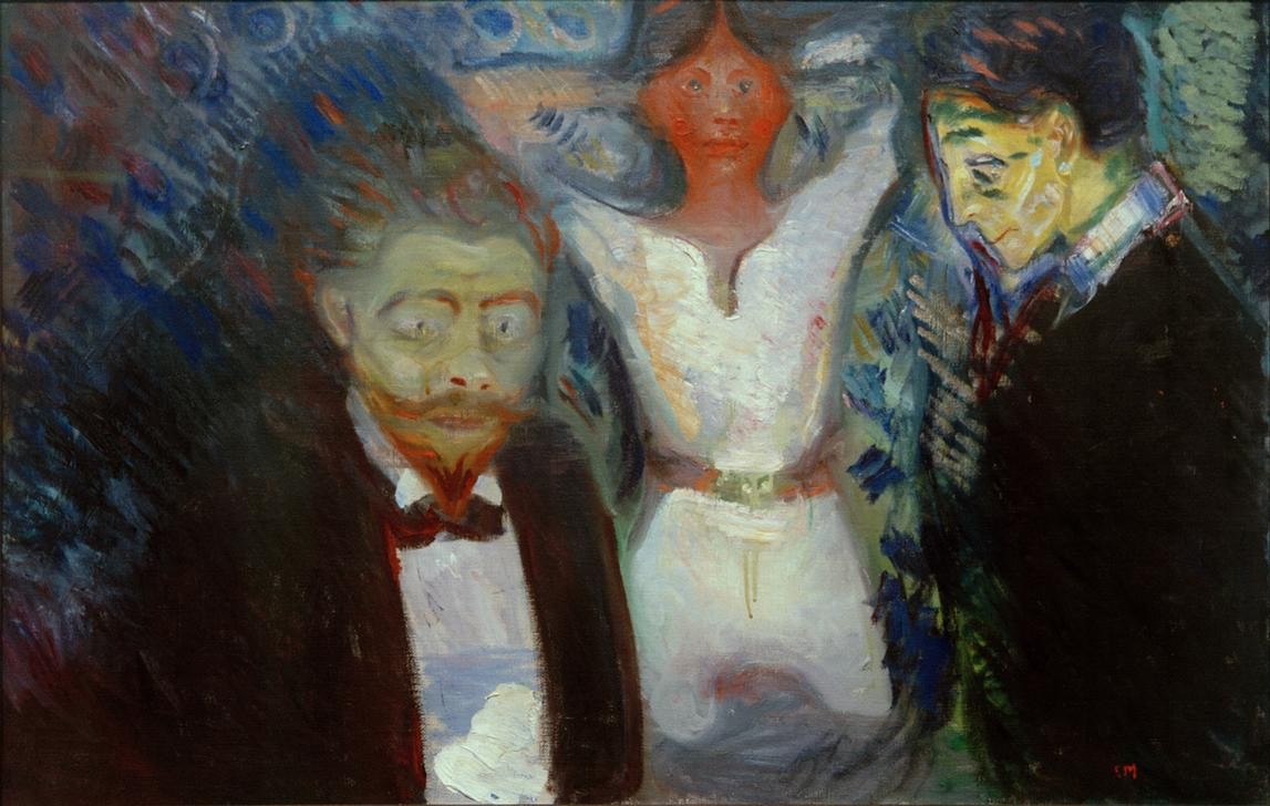 Edvard Munch, Eifersucht (Eifersucht,Frau,Kunst,Liebe Und Ehe,Mann,Psychologie,Expressionismus,Norwegische Kunst,Dreiecksbeziehung,Unglückliche Liebe,Junge Frau,Gefühl (Stimmung),Skandinavische Kunst,Männerleben,Negative Stimmungen Und Gefühle,Zorn)