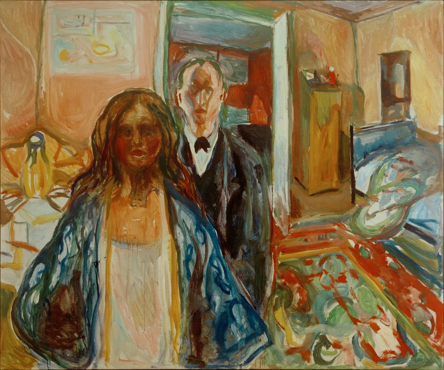 Edvard Munch, Der Künstler und sein Modell (Frau,Künstler Und Modell,Künstlerleben,Künstler,Kunst,Liebe Und Ehe,Liebespaar,Mann,Modell,Schlafzimmer,Expressionismus,Interieur,Norwegische Kunst,Skandinavische Kunst)