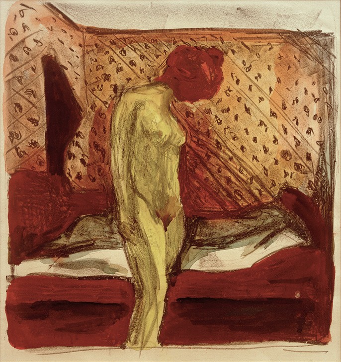 Edvard Munch, Weinende junge Frau am Bett (Bett,Frau,Kunst,Schlafzimmer,Akt,Expressionismus,Weinen,Norwegische Kunst,Traurigkeit,Junge Frau,Gefühl (Stimmung),Skandinavische Kunst,Negative Stimmungen Und Gefühle)