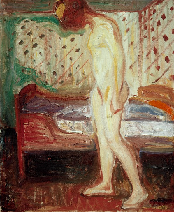 Edvard Munch, Das weinende Mädchen (Bett,Frau,Kunst,Mädchen,Schlafzimmer,Akt,Expressionismus,Weinen,Norwegische Kunst,Traurigkeit,Junge Frau,Gefühl (Stimmung),Skandinavische Kunst,Ganzfigurig,Negative Stimmungen Und Gefühle)