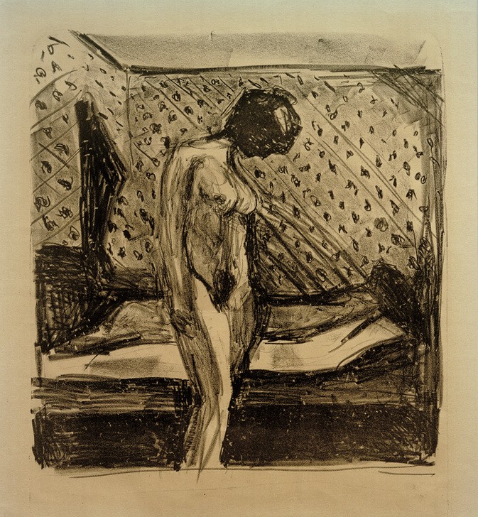 Edvard Munch, Weinende junge Frau am Bett (Bett,Frau,Kunst,Mädchen,Schlafzimmer,Akt,Expressionismus,Weinen,Norwegische Kunst,Traurigkeit,Junge Frau,Gefühl (Stimmung),Skandinavische Kunst,Negative Stimmungen Und Gefühle)