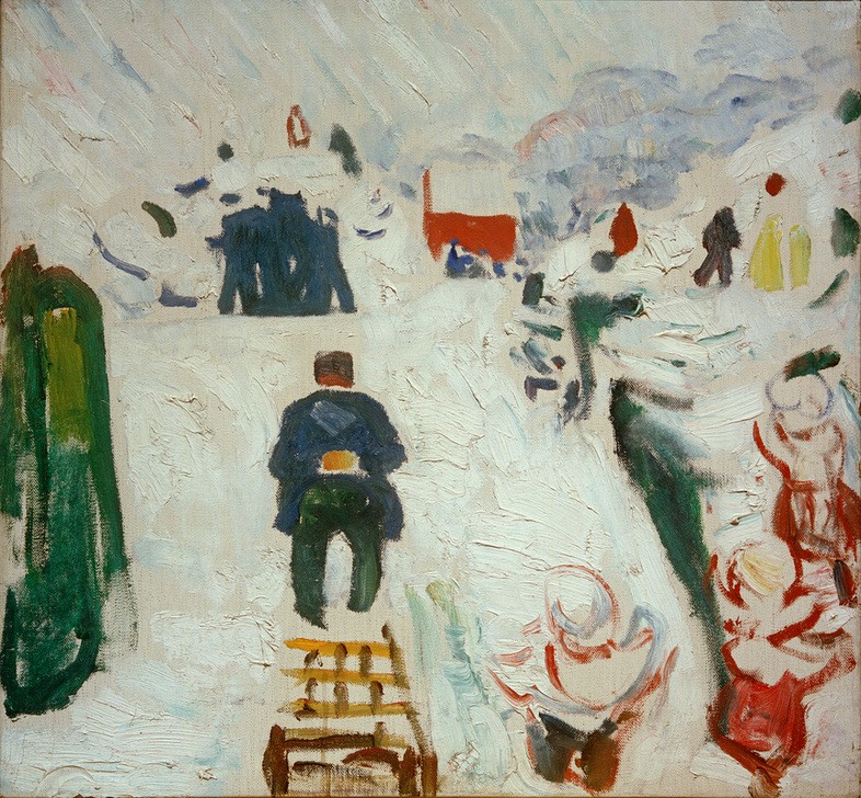 Edvard Munch, Mann mit Schlitten (Jahreszeiten,Kunst,Landschaft,Mann,Rodeln,Sport,Wintersport,Schnee,Schlitten,Norwegische Kunst,Skandinavische Kunst)