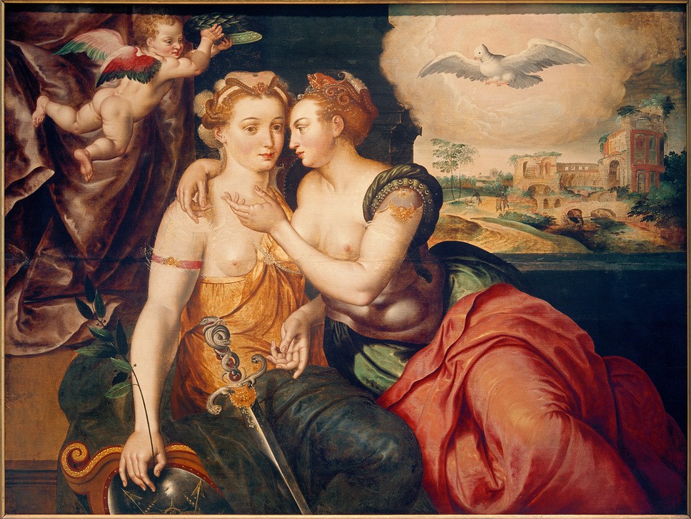 Jacob de Backer, Die Allegorie ‘Kuss von Gerechtigkeit und Friede' (Engel,Flämische Kunst,Frau,Freundschaft (Allgemein),Helm,Kunst,Landschaft,Religion,Rüstung (Schutzkleidung),Ruine,Schlange,Schwert,Taube,Tugenden Und Laster,Werkstatt (Allgemein),Altes Testament,Akt,Allegorie,Tugend,Bibel,Friede,Manierismus,Lorbeerkranz,U)