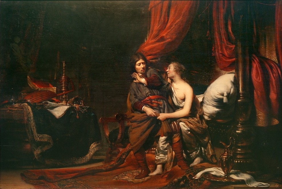 Cornelis Bisschop, Joseph und die Potiphar (Bett,Frau,Kunst,Mann,Schlafzimmer,Barock,Verteidigung (Abwehr),Altes Testament,Akt,Bibel,Verführung,Ehebruch,Interieur,Niederländische Kunst,Joseph In Ägypten,Keuschheit,Vorhang,Sexualität,Halbakt,Himmelbett,Joseph Und Potiphars Weib,Jüdisch-Christlich)