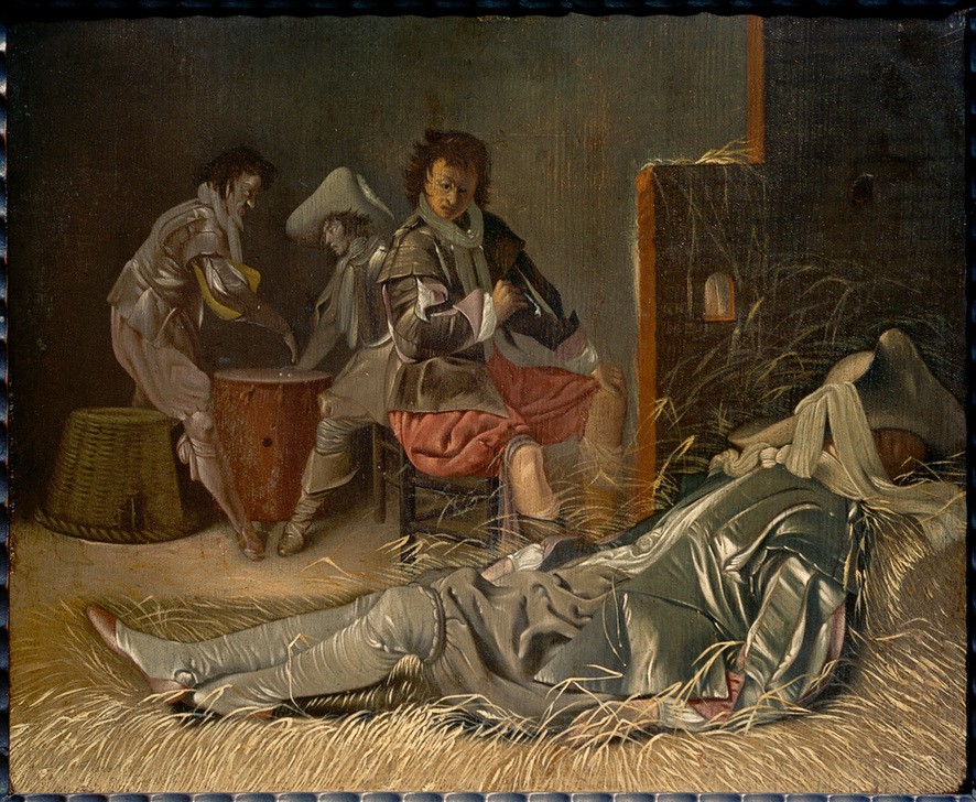 Willem Cornelisz Duyster, Wachstube mit Soldaten (Herrenhut,Herrenmode,Kopfbedeckung,Kunst,Mann,Mensch,Militär,Mode,Soldat,Spiel,Textil,Hut,Pfeife (Tabak),Rauchen,Barock,Uniform,Wachtposten,Interieur,Genre,Niederländische Kunst,Würfel,Kleidung (Allgemein),Wache,Liegen,Wachstube,Schlafen (Schlaf),Stroh,Ra)