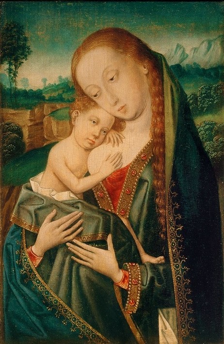 Meister der Magdalenenlegende, Madonna mit Kind (Christentum,Flämische Kunst,Kunst,Landschaft,Mantel,Religion,Renaissance,Busen,Maria Mit Kind,Neues Testament,Bibel,Italienische Kunst,Jesusknabe,Brust,Maria Lactans,Spätgotik)