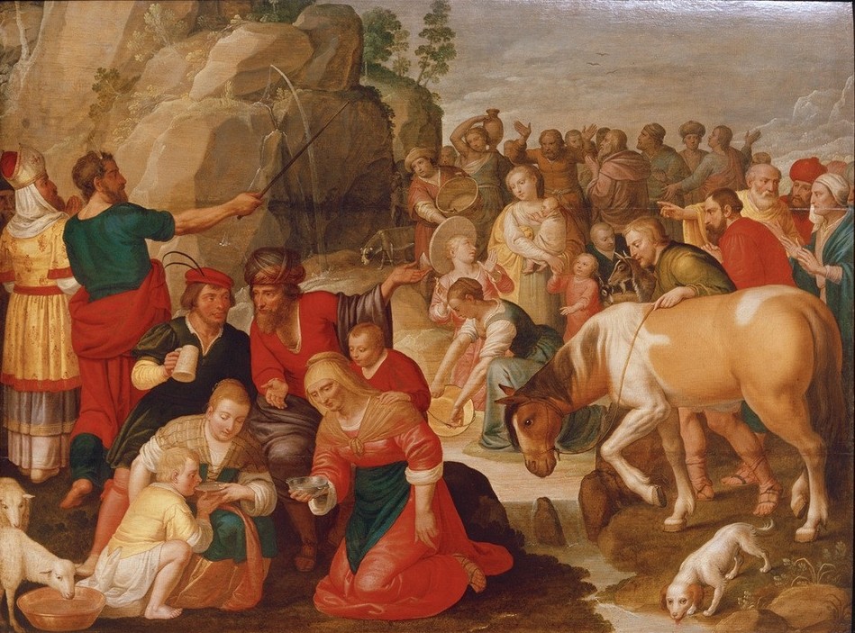 Adam van Noort, Moses schlägt Wasser aus dem Felsen (Kunst,Pferd (Tier),Religion,Wasser,Hund,Trinken,Altes Testament,Bibel,Quelle,Durst,Manierismus,Wunder,Schaf,Felsen,Niederländische Kunst,Auszug Aus Ägypten,Moses Schlägt Wasser,Israeliten,Exodus,Tier,Quellwunder,Jüdisch-Christlich)