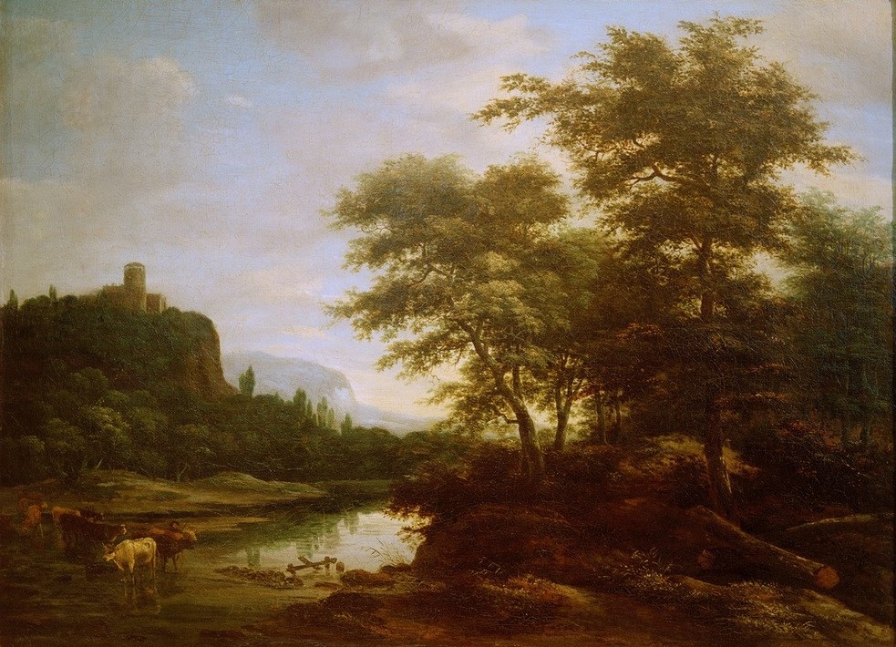 Jacob Salomonsz van Ruysdael, Landschaft mit Kuhherde am Weiher (Burg (Bauwerk),Gewässer,Kunst,Landschaft,Rinderzucht,Rind,Wald,See,Barock,Baum,Tränke,Niederländische Kunst,Herde,Baumstamm,Landwirtschaft)