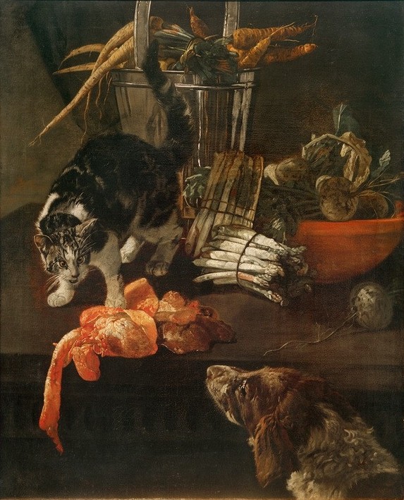 Jacobus Victors, Küchenstück mit Hund und Katze (Gemüse,Katze (Tier),Kunst,Spargel,Barock,Nahrungsmittel,Verteidigung (Abwehr),Hund,Stillleben,Fleisch,Schale (Gefäss),Geflügel,Rübe,Niederländische Kunst,Gefäss,Haustier,Tierleben,Mohrrübe,Rivale,Eimer,Tier,Futterneid,Hund Und Katze,Küchenstillleben,Kohlr)