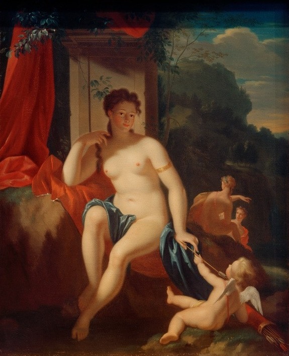 Adriaen van der Werff, Venus und Amor (Erotik,Frau,Garten Und Park,Kunst,Mutter Und Kind,Mythologie,Pfeil,Barock,Akt,Armreif,Niederländische Kunst,Göttin,Sitzen,Blick Aus Dem Bild,Ganzfigurig,Griechisch-Römische Mythologie)