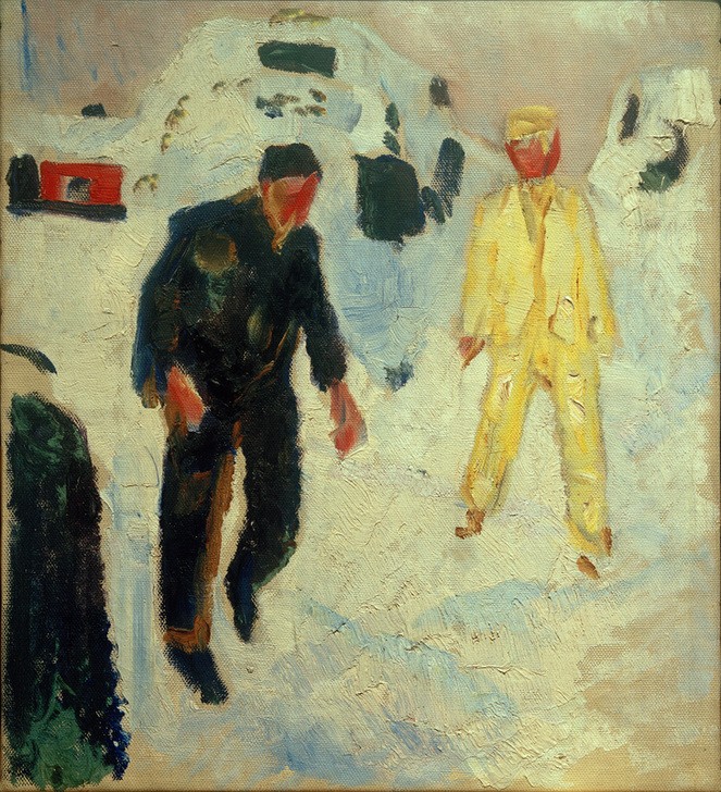 Edvard Munch, Ein schwarzer und ein gelber Mann im Schnee (Jahr Und Kalender,Jahreszeiten,Kunst,Mann,Winter,Schnee,Expressionismus,Norwegische Kunst,Schwarz,Skandinavische Kunst,Gelb)