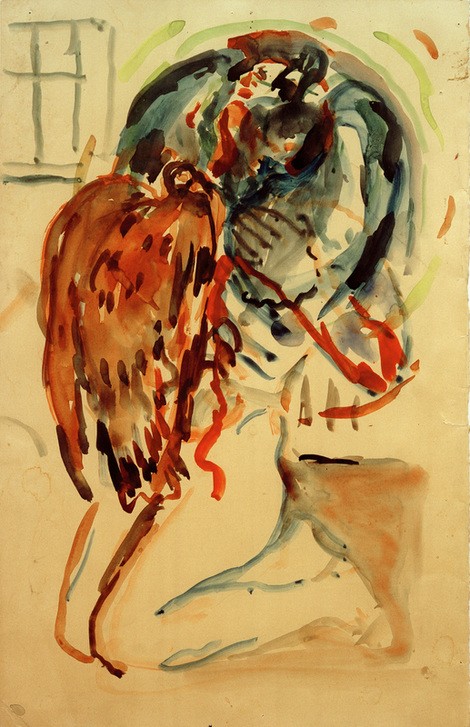 Edvard Munch, Das verletzte Auge des Künstlers. Kniender weiblicher Akt mit Adler (Adler,Frau,Kunst,Vogel,Akt,Norwegische Kunst,Sehen,Knien,Skandinavische Kunst,Sehschwäche,Augenkrankheit)