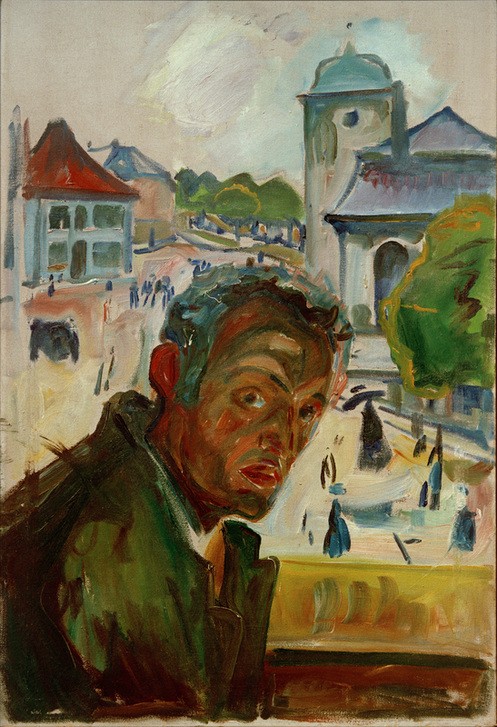 Edvard Munch, Selbstporträt in Bergen (Künstler,Kunst,Maler (Künstler),Mann,Strassenszene,Selbstbildnis,Portrait,Expressionismus,Norwegische Kunst,Skandinavische Kunst,Person)
