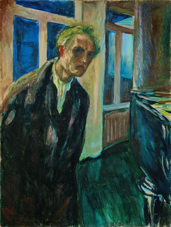 Edvard Munch, Selbstbildnis – Der Schlafwandler (Künstler,Kunst,Maler (Künstler),Mann,Selbstbildnis,Nachtwandeln,Portrait,Expressionismus,Interieur,Einsamkeit,Norwegische Kunst,Traurigkeit,Skandinavische Kunst,Schlafen (Schlaf),Person)