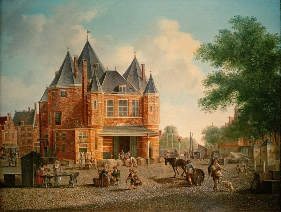 Hubert Pieter Schouten, Die Antoniuswaage auf dem Nieuwmarkt in Amsterdam (Anatomie,Architektur,Geographie,Handel,Kunst,Marktplatz,Stadttor,Strassenhandel,Strassenszene,Tor,Turm,Waage (Gerät),Urbanistik,Platz,Heu,Rokoko,Fass,Architekturdarstellung,Niederländische Kunst,Ansicht,Ziegelbau,Aussenansicht,Topographie,Ballen,Kopfstein)