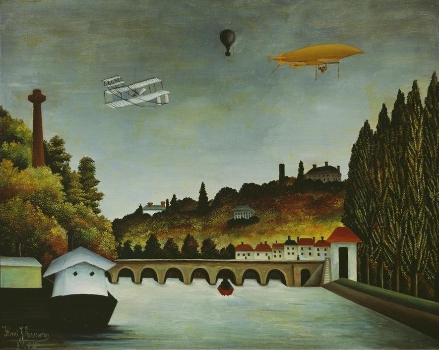 Henri Rousseau, Vue du pont de Sèvres (Fluss, Seine, Brücke, Schiffe, Frankreich, Fluggeräte, Flugzeug, Doppeldecker, Zeppelin, Heißluftballon, magischer Realismus, Wunschgröße, Wohnzimmer, Treppenhaus, Malerei, klassische Moderne, bunt)