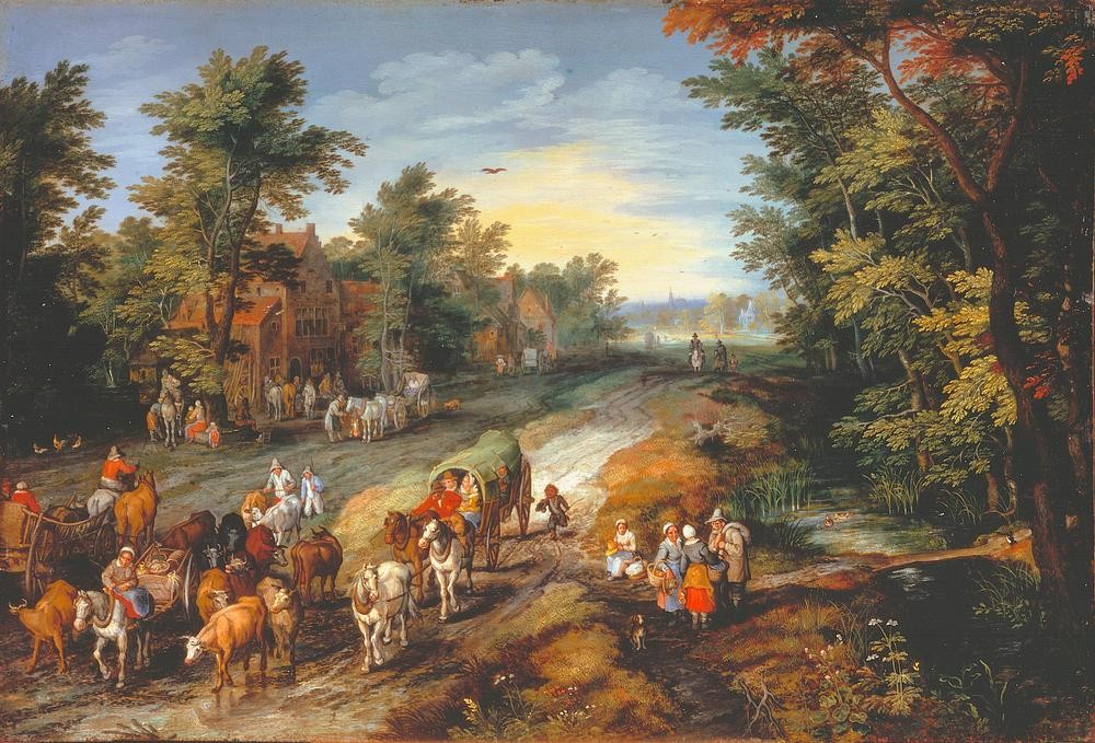 Jan Brueghel der Ältere, Landstraße (Landstrasse,Landschaft,Pferdewagen,Rind,Strasse (Allgemein),Verkehr,Volkskunde,Barock,Planwagen,Viehtrieb,Niederländische Kunst,Strasse (Unbefestigt),Fuhrwerk)