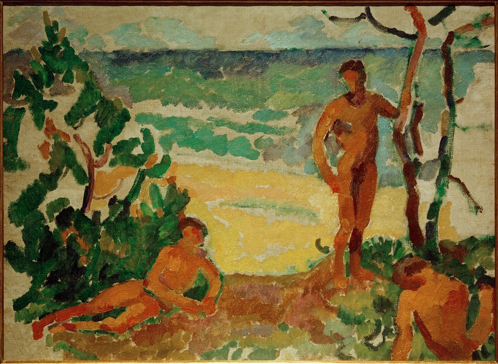 Hans Dornbach, Ostsee mit 3 Akten (Meer, Ostsee, Badende, Sonne, nackt, Sommer,Strand, menschen, Expressionismus, Urlaub, Freizeit, Wunschgröße, Klassische Moderne, Wohnzimmer)