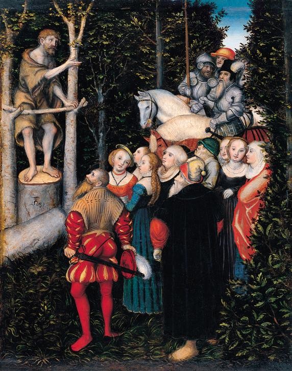 Lucas Cranach der Ältere, Die Predigt Johannes des Täufers (Christentum,Damenmode,Deutsche Kunst,Gesellschaft,Herrenmode,Kunst,Militär,Mode,Offizier,Pferd (Tier),Religion,Rüstung (Schutzkleidung),Schwert,Soldat,Wald,Reiter,Renaissance,Neues Testament,Bibel,Predigt,Lanze,Barett,Baumstumpf,Zuhören,Zuhörer,Improvisat)