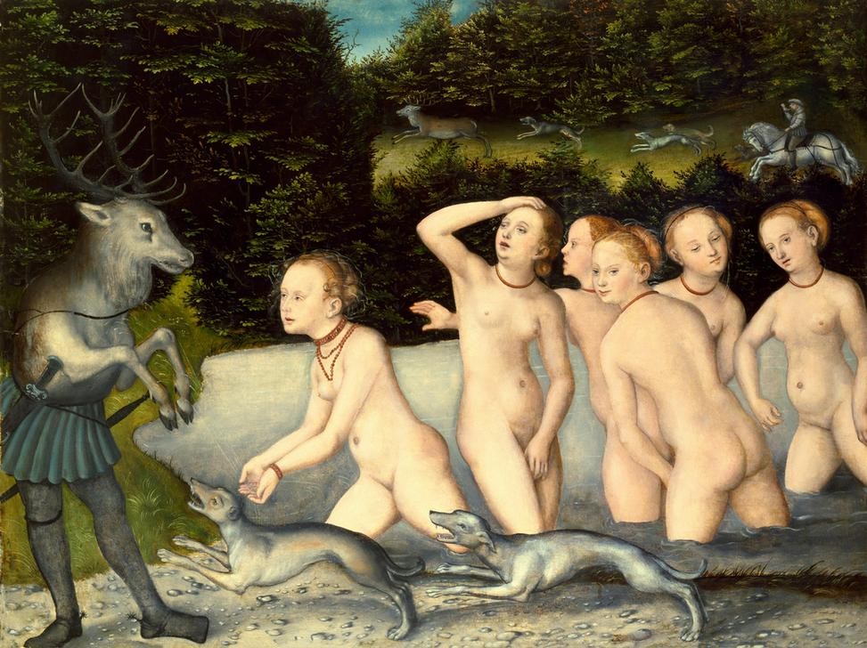 Lucas Cranach der Ältere, Diana und Aktaeon (Bad Im Freien,Bad,Deutsche Kunst,Erotik,Frau,Gewässer,Hirsch,Jäger,Jagd,Kunst,Landschaft,Literatur,Mythologie,Wasser,Nymphe,Reiter,Renaissance,Hund,Akt,Metamorphose,Voyeurismus,Jagdhund,Götter,Göttin,Sporen,Antikenrezeption,Beute,Tier,Verwandlung,Kampf Zw)