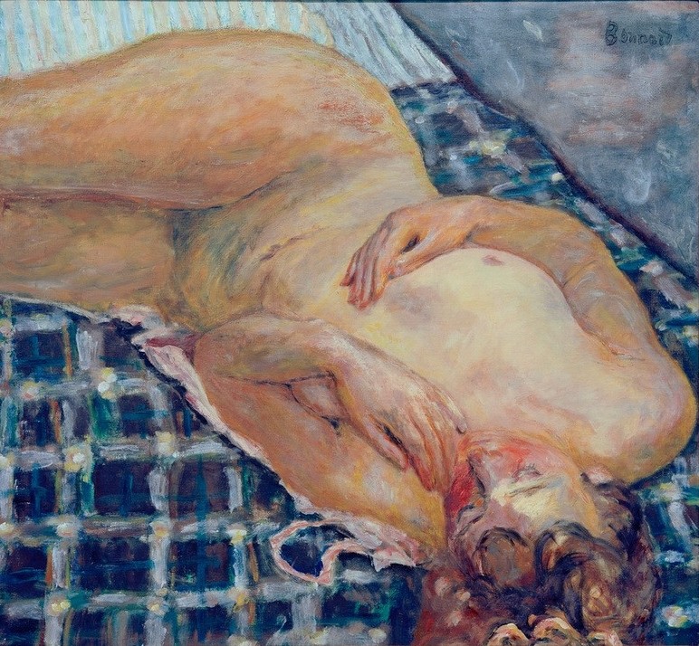 Pierre Bonnard, Nue couché, fond carreaux blancs et bleus (Aktmalerei, nackte Frau, Liegende, karierte Decke,  Post-Impressionismus,  Wohnzimmer, Schlafzimmer, Wunschgröße, Klassische Moderne)