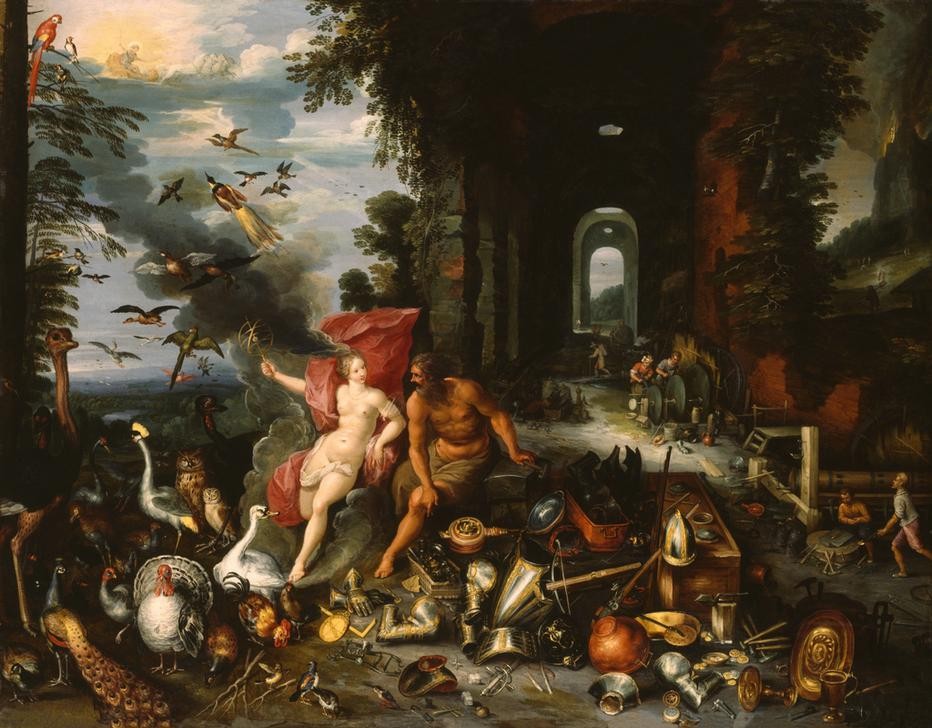 Jan BRUEGHEL DER Jüngere, Eine Allegorie des Feuers und der Luft mit Venus in der Schmiede des Vulkan (Armbrust,Armillarsphäre,Ehepaar,Elemente,Essgeschirr,Eule,Feuer,Flämische Kunst,Frau,Goldschmied,Handwerk Und Gewerbe,Helm,Huhn,Kunst,Liebe,Luft,Mann,Metall,Mythologie,Reiher,Rüstung (Schutzkleidung),Schild (Schutz),Schmied,Taschenuhr,Uhr,Vogel,Vulkan,Waf)