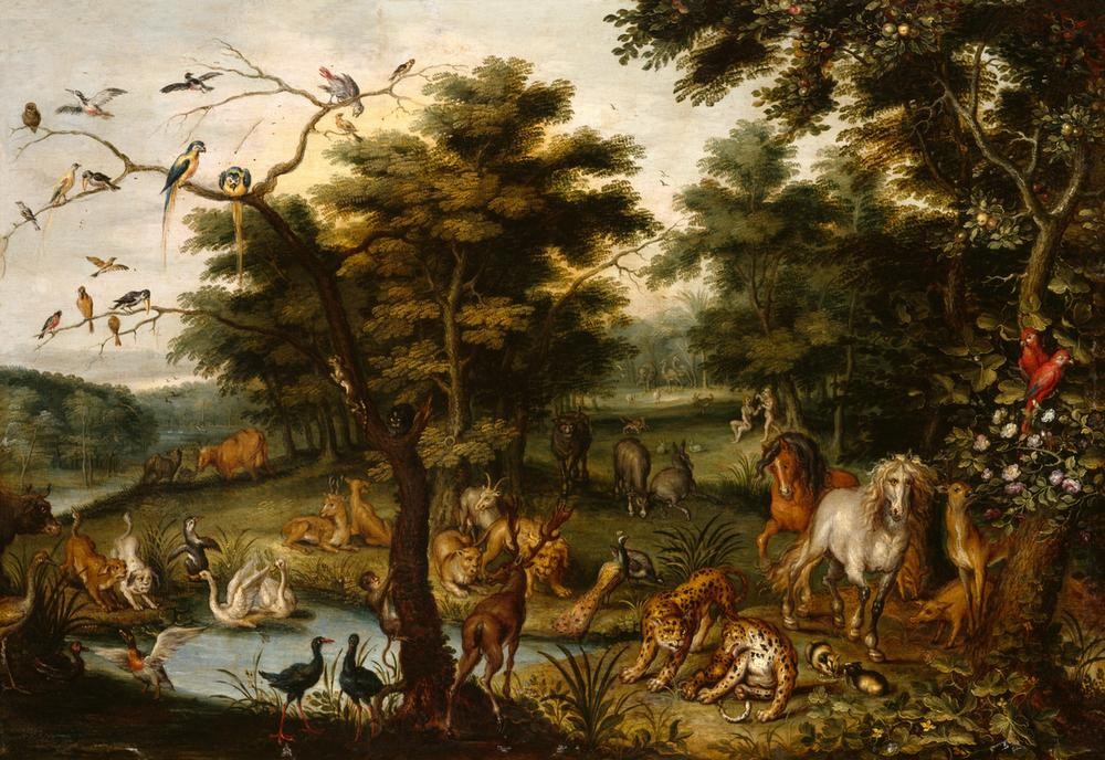 Jan BRUEGHEL DER Jüngere, Das irdische Paradies (Affe,Apfel,Christentum,Hirsch,Kunst,Landschaft,Leopard,Löwe (Tier),Mensch,Papagei,Pferd (Tier),Religion,Rind,Rose,Vogel,Zoologie,Ziege,Barock,Hund,Altes Testament,Pfau,Esel,Bibel,Friede,Baum,Gans (Zoologie),Paradies,Ente,Niederländische Kunst,Reh,Dromedar)