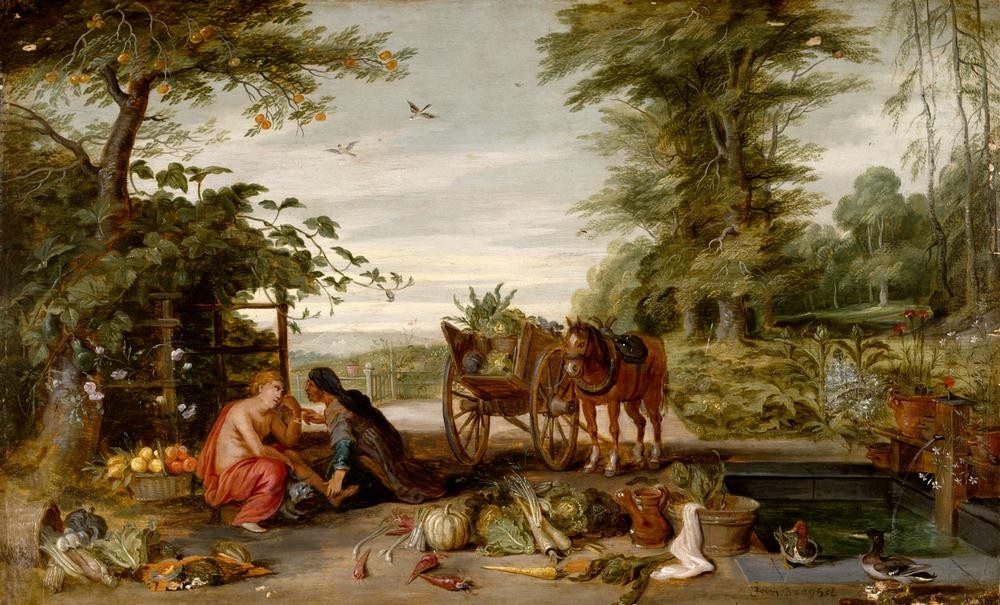 Jan BRUEGHEL DER Jüngere, Vertumnus und Pomona (Ernte,Frau,Früchte,Garten Und Park,Gemüse,Herbst,Jahreszeiten,Kunst,Landschaft,Liebe,Mythologie,Park,Pferd (Tier),Rose,Vogel,Wasserbecken,Brunnen,Barock,Metamorphose,Kürbis,Liebeserklärung,Ente,Götterliebschaften,Topfpflanze,Kohl,Rübe,Niederländische Kuns)