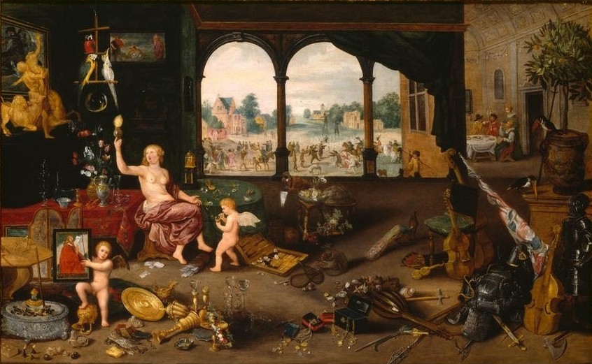 Jan BRUEGHEL DER Jüngere, Eine Vanitas-Allegorie (Affe,Brettspiel,Essen Und Trinken,Fenster,Feuer,Flämische Kunst,Früchte,Glas,Globus,Handschuh,Kunst,Laster,Laute,Musik,Mythologie,Papagei,Religion,Rüstung (Schutzkleidung),Schauspieler,Schmuck,Spiel,Tennis,Theater,Tugenden Und Laster,Tulpe,Uhr,Vogel,Waffe)