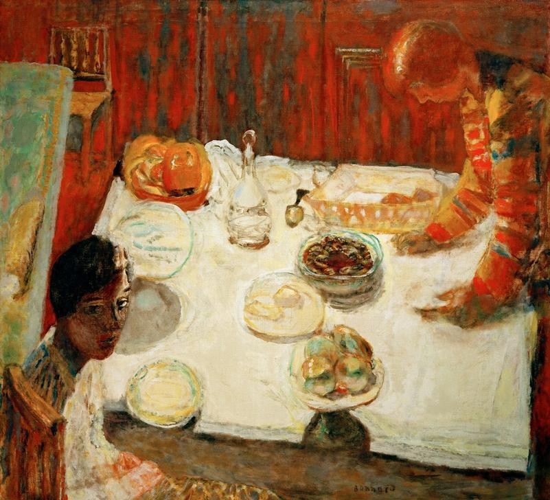 Pierre Bonnard, Das weiße Tischtuch (Tisch, fgedeckter Tisch, Zimmer, Interieur,  Speisezimmer, Gesellschaft, Post-Impressionismus,  Wohnzimmer, Wunschgröße, Klassische Moderne)