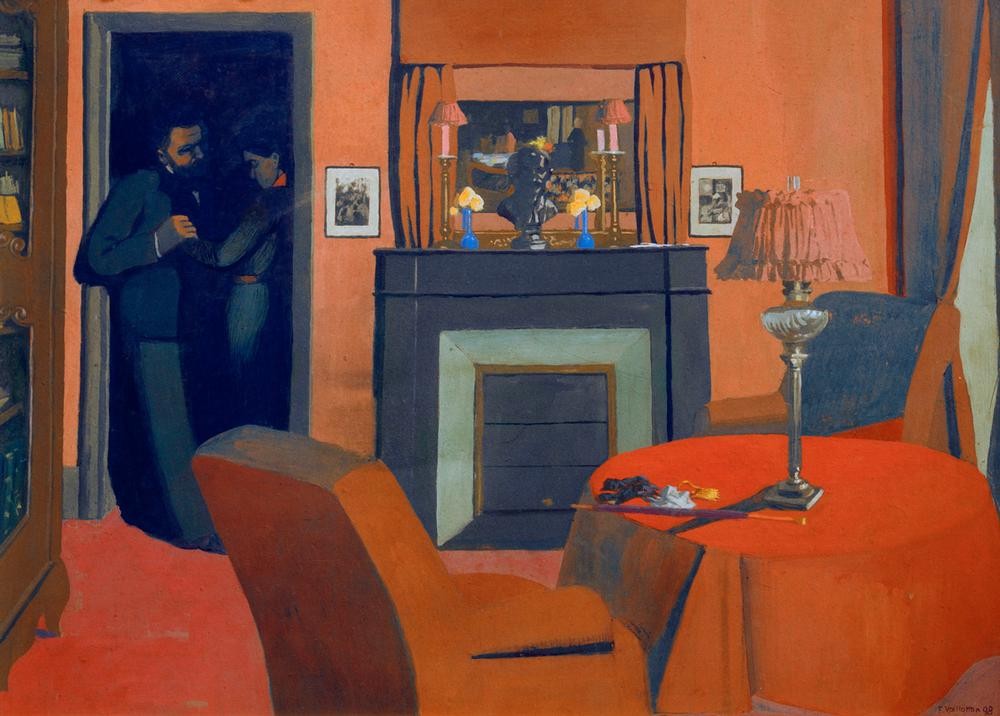 Felix Vallotton, Das rote Zimmer (Architektur,Heizung,Möbel,Tischlampe,Wohnzimmer,Wohnung,Tisch,Interieur,Schweizerische Kunst,Nabis,Jahrhundertwende,Runder Tisch (Möbel),Rot,Kamin)