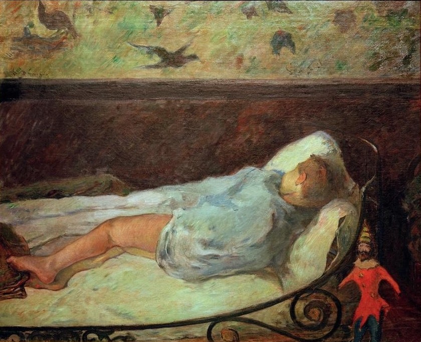 Paul Gauguin, Die kleine Träumerin (Bett,Kind,Mädchen,Tapete,Impressionismus,Französische Kunst,Kinderleben,Schlafen (Schlaf),Phantasie)