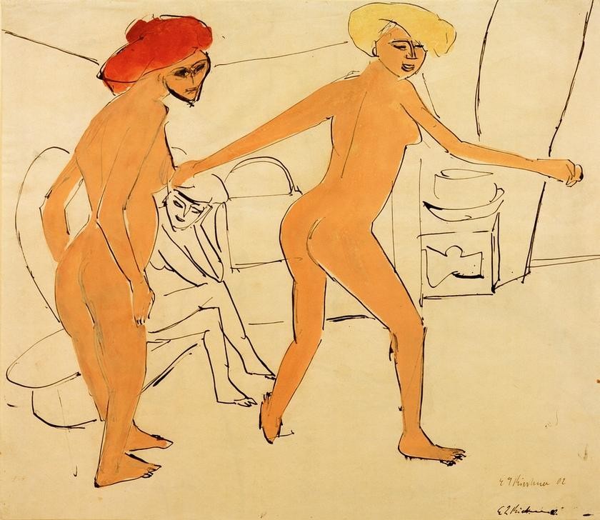 Ernst Ludwig Kirchner, Zwei nackte Tanzende (Atelier,Deutsche Kunst,Frau,Modell,Tanz,Akt,Expressionismus,Die Brücke)