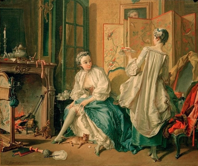 Francois Boucher, La Toilette (Dienstboten,Feuer,Frau,Heizung,Katze (Tier),Mode,Morgentoilette,Strumpf,Rokoko,Ankleiden,Paravent,Strumpfband,Genre,Französische Kunst,Blasebalg,Haustier,Dienstmädchen,Frauenleben,Damenstrumpf,Kammerjungfer,Ofenschirm,Kamin)