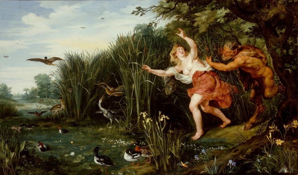 Jan BRUEGHEL DER Jüngere, Landschaft mit Pan und Syrinx (Botanik,Erotik,Flämische Kunst,Iris (Botanik),Kunst,Landschaft,Liebe,Mythologie,Reiher,Vogel,Zoologie,Nymphe,Fluss,Akt,Angst,Fabelwesen,Flucht,Libido,Metamorphose,Vergewaltigung,Ente,Götterliebschaften,Seerose,Niederländische Kunst,Schilf,Erotische Kunst,)