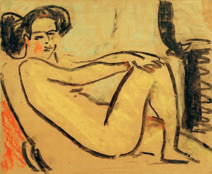 Ernst Ludwig Kirchner, Liegendes Mädchen am Ofen (Deutsche Kunst,Frau,Mädchen,Akt,Expressionismus,Ofen (Heizung),Ofenrohr)
