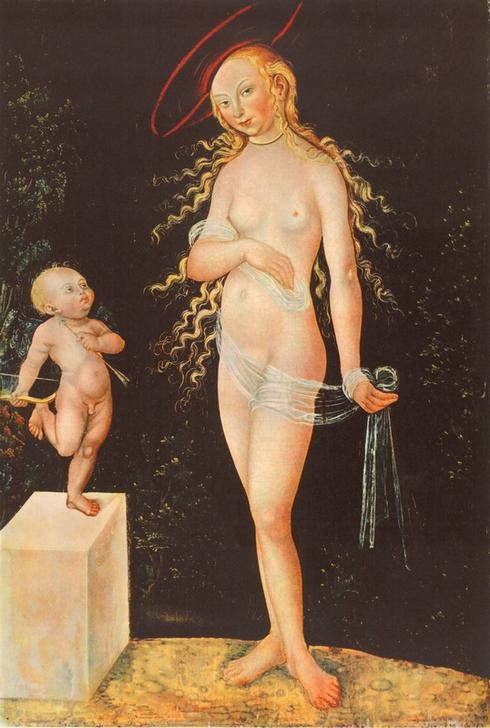 Lucas Cranach der Ältere, Venus und Amor (Deutsche Kunst,Frau,Liebe,Mythologie,Renaissance,Akt,Göttin,Ganzfigurig,Griechisch-Römische Mythologie)