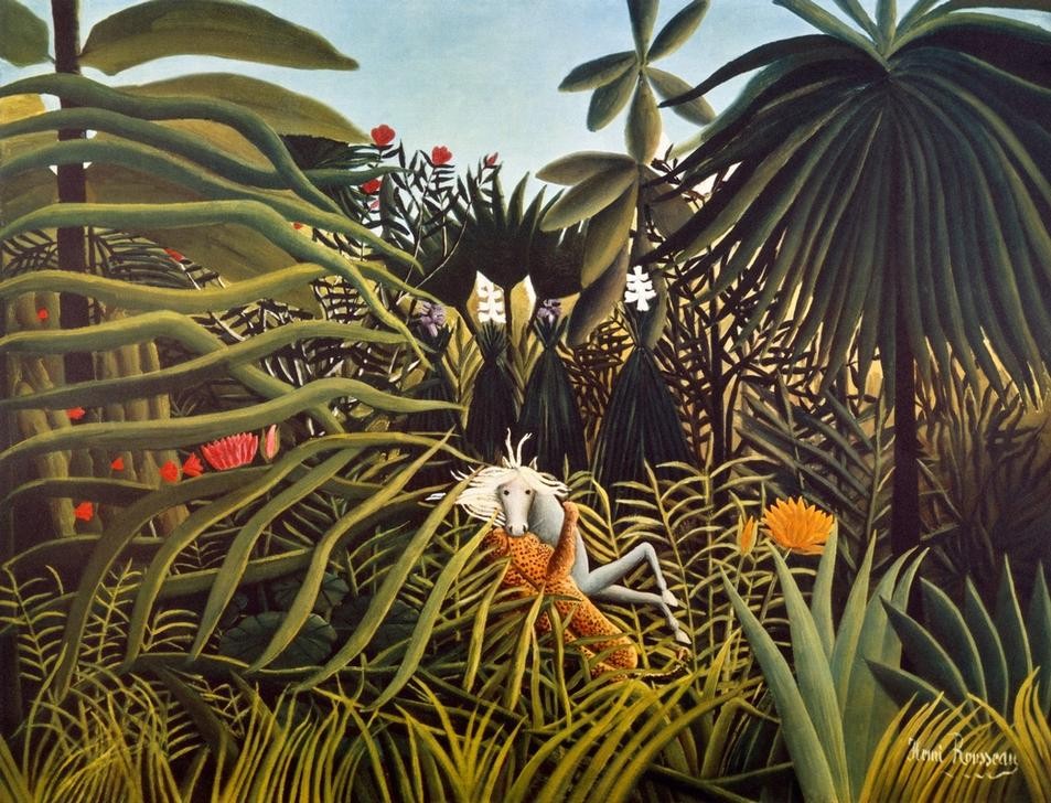 Henri Rousseau, Cheval attaqué par un jaguar (Dschungel, Bäume, Jaguar, Raubkatze, Pferd, Jagd, Kampf, Beute, magischer Realismus, Wunschgröße, Wohnzimmer, Treppenhaus, Malerei, klassische Moderne, bunt)