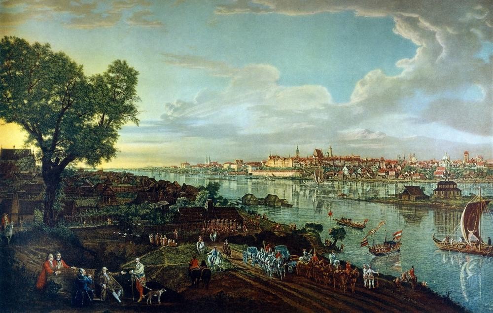 Bernardo Bellotto, Ansicht von Warschau (Warschau, Polen, Städte, Fluss, Weichsel, Alltagsszene, Kutschen, Künstler, Landschaft,  historisch, Malerei, Rokoko, Wohnzimmer, Wunschgröße, Klassiker, bunt)