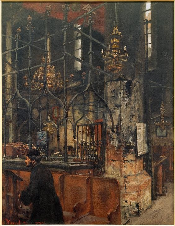 Adolph von Menzel, Das Innere der Alt-Neu-Synagoge in Prag  (Orte und Reise)