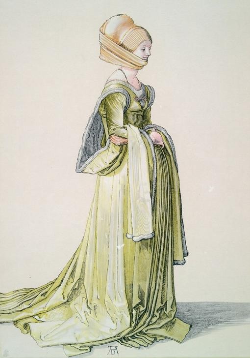 Albrecht Dürer, Nürnbergerin im Tanzkleid (Damenmode,Deutsche Kunst,Mode,Stände,Tracht,Volkskunde,Renaissance,Autograph,Ballkleid,Bürgertum,Modezeichnung,Land Und Leute)