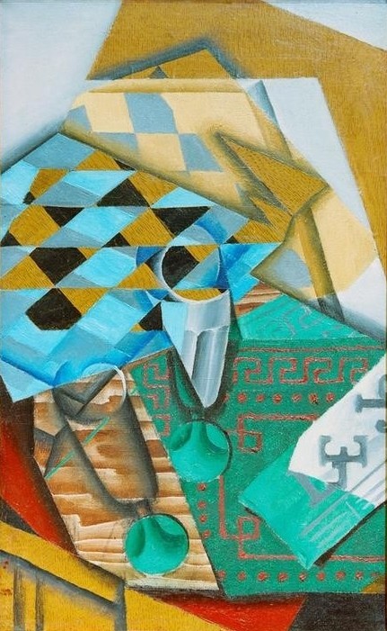Juan Gris, Das Schachbrett (Brettspiel, Schach, Spielbrett, Trinkgläser, Tisch, Stillleben,  Kubismus, Klassische Moderne, Wohnzimmer, Esszimmer, Wunschgröße)