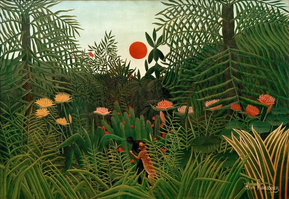 Henri Rousseau, Forêt vierge au soleil couchant. Nègre attaqué par un léopa (Dschungel, Bäume, Bäume, Pflanzen, Tropisch, Mann, Raubkatze, Kampf, mystisch, Naive Malerei, magischer Realismus, Wunschgröße, Wohnzimmer, Treppenhaus, Malerei, klassische Moderne, bunt)