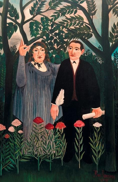 Henri Rousseau, La muse inspirant le poète (Dichter, Muse, Frau, Inspiration, Garten, Blumen, Naive Malerei, Wunschgröße, Wohnzimmer, Treppenhaus, Malerei, klassische Moderne, bunt)