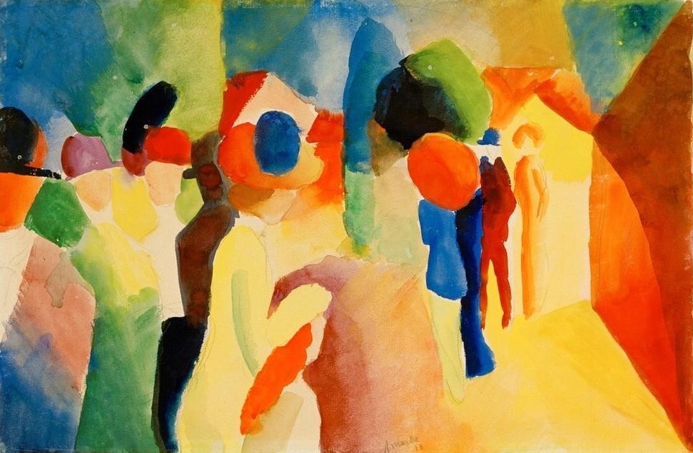 August Macke, Mit gelber Jacke (Deutsche Kunst,Gesellschaftliches Leben,Gesellschaft,Kunst,Spaziergang,Expressionismus,Der Blaue Reiter,Fussgänger,Promenade)